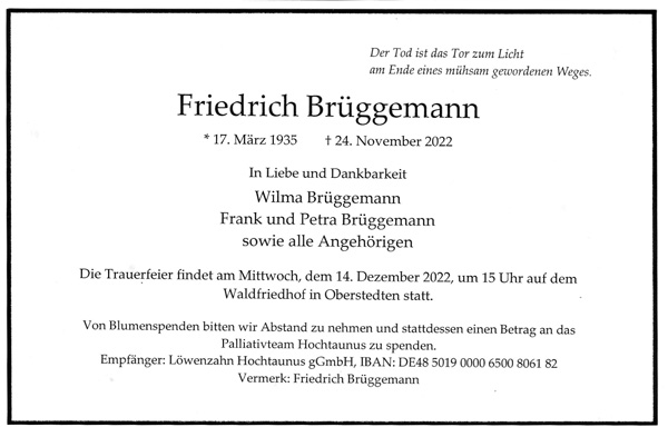 Todesanzeige Brüggeman